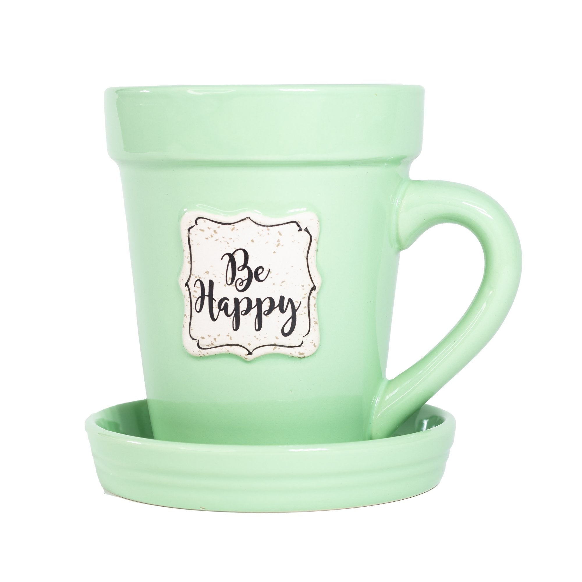Green Flower Pot Mug w/Scripture - "Be Happy"