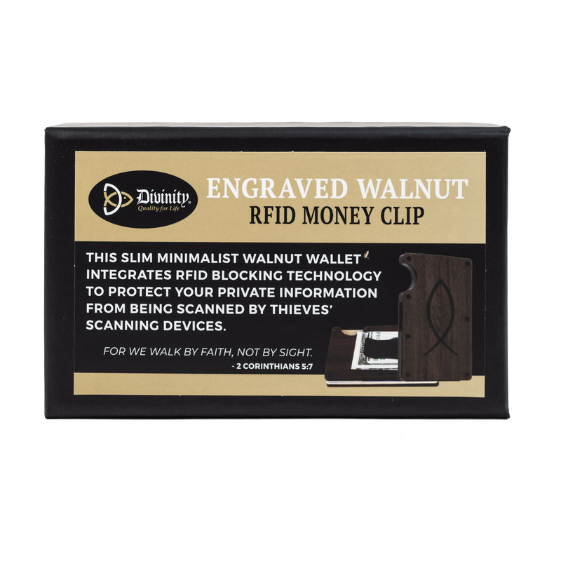 Engraved Walnut RFID Money Clip-Ichthus