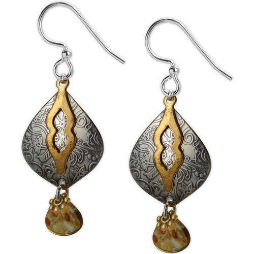 Jody Coyote Etched in Time Silver Pear Shape with Brass and Smokey Color Bead Drop Earring