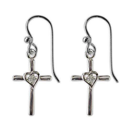 Jody Coyote Tiny Blessings Small Silver Cross with Open Heart In Center with Cubic Zirconia Earring