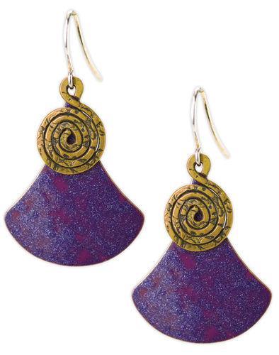 Jody Coyote Sapphire Flame Purple Metal Flare Shield, Bronze Spiral Earring