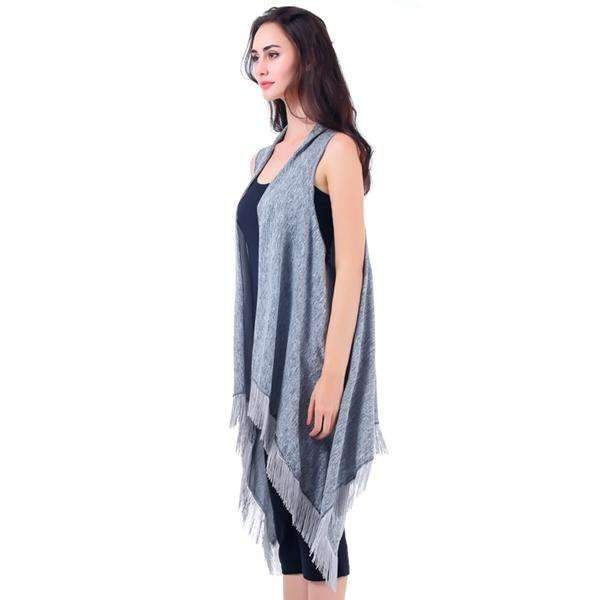 Oatmeal Fringed Hem Draping Vest,Outerwear,Mad Style, by Mad Style